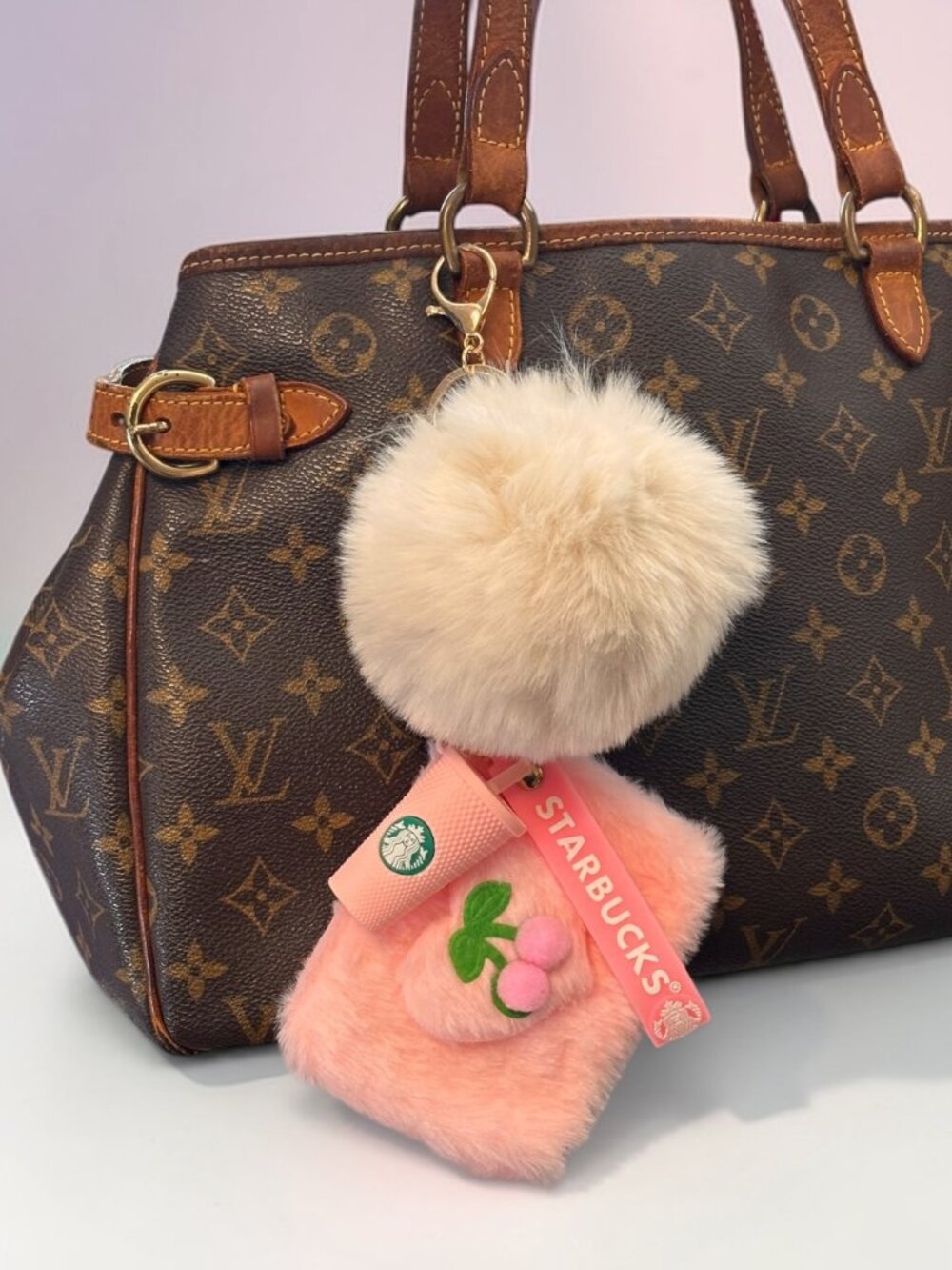 NEW 🍒 Pink & White Cherry Pouch Pom Pom Starbucks Cup Bag Charm Keychain Set